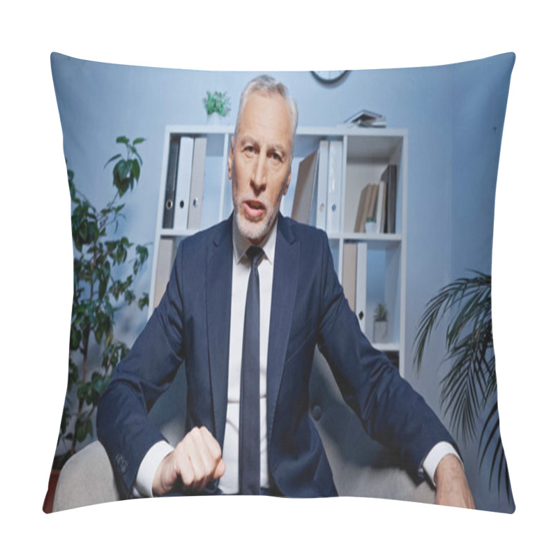 Personality  Confident Senior Businessman Talking At Camera While Having Video Call  Pillow Covers