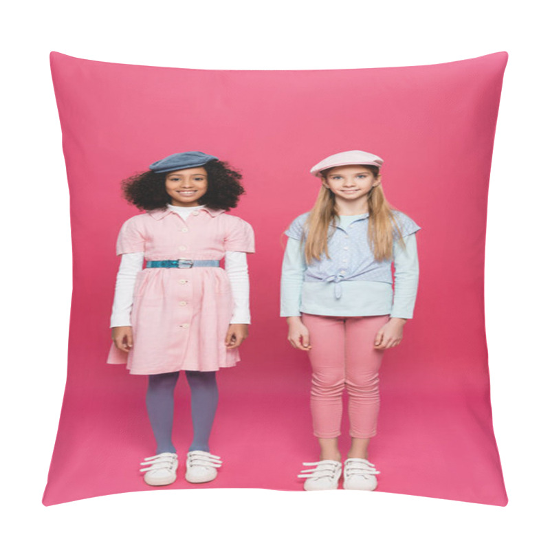 Personality  Full Length View Of Two Happy Interracial Girls In Trendy Clothes Posing On Pink Pillow Covers