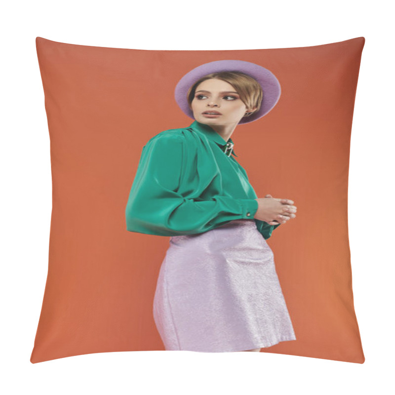 Personality  A Woman In Green Shirt And Lavender Skirt Poses Against Orange. Pillow Covers