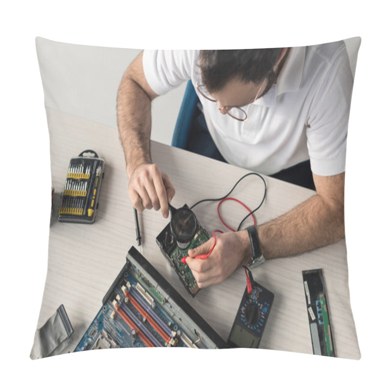 Personality  Overhead View Of Repairman Using Multimeter While Testing Hard Disk Drive    Pillow Covers