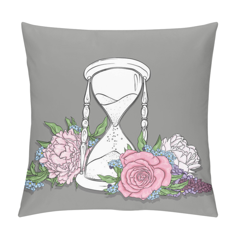 Personality  Ancient Hourglass And Beautiful Flowers. Peonies And Roses. Vector Illustration For A Postcard Or A Poster, Print For Clothes Or Tattoo. Vintage And Retro. Pillow Covers