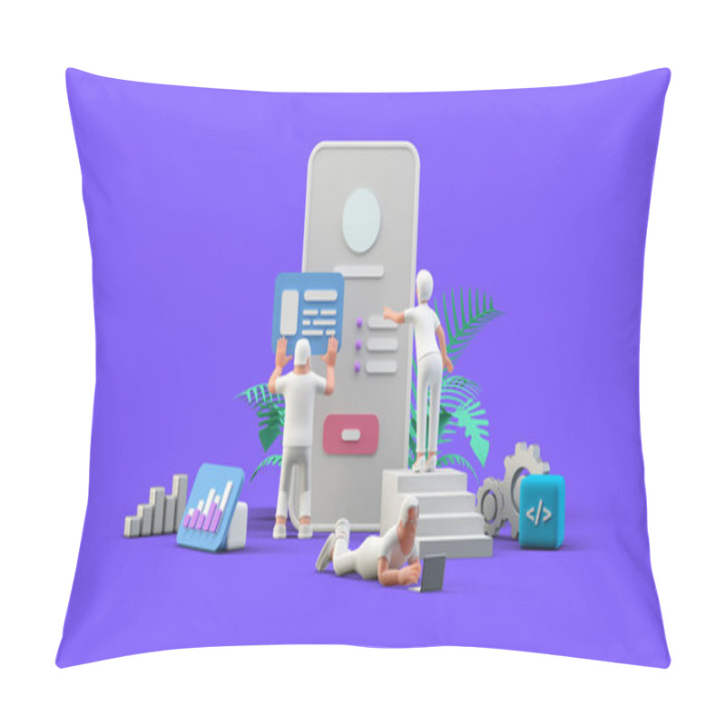 Personality  Web UI UX App Design Teamwork Concept 3D Illustration. Team People Building Creating Application User Interface Front View Pillow Covers