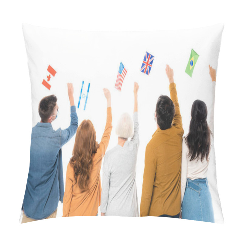 Personality  Back View Of Multiethnic People Holding Flags Of Counties Isolated On White Pillow Covers