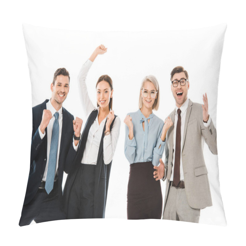 Personality  Excited Professional Businesspeople Celebrating Success Isolated On White Pillow Covers