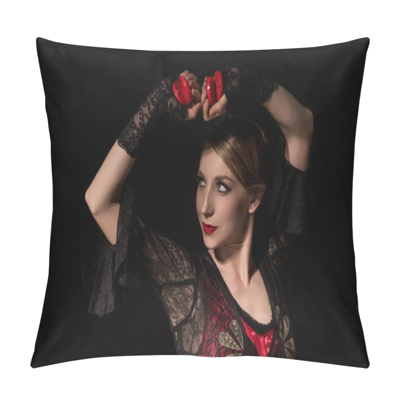 Personality  Attractive Dancer Holding Castanets While Dancing Flamenco Isolated On Black  Pillow Covers