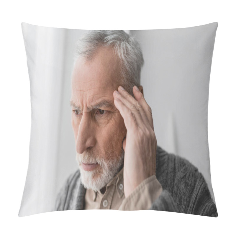 Personality  Grey Haired Senior Man With Alzheimer Syndrome Touching Head While Looking Away And Thinking At Home Pillow Covers