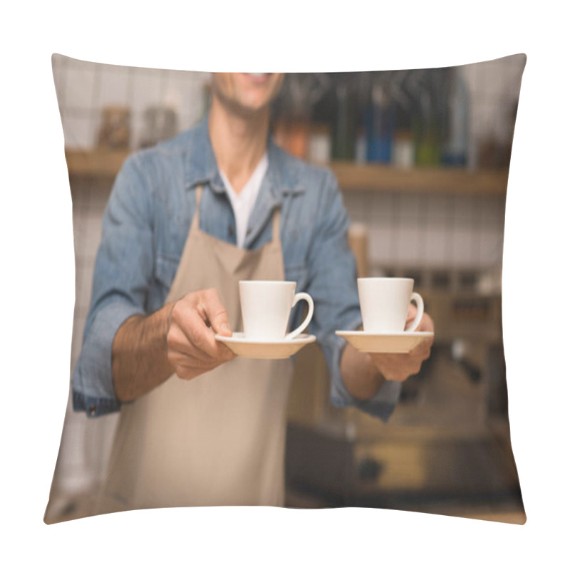 Personality  Close Up Of Smiling Waiter Holding Two Cups Of Coffee Pillow Covers