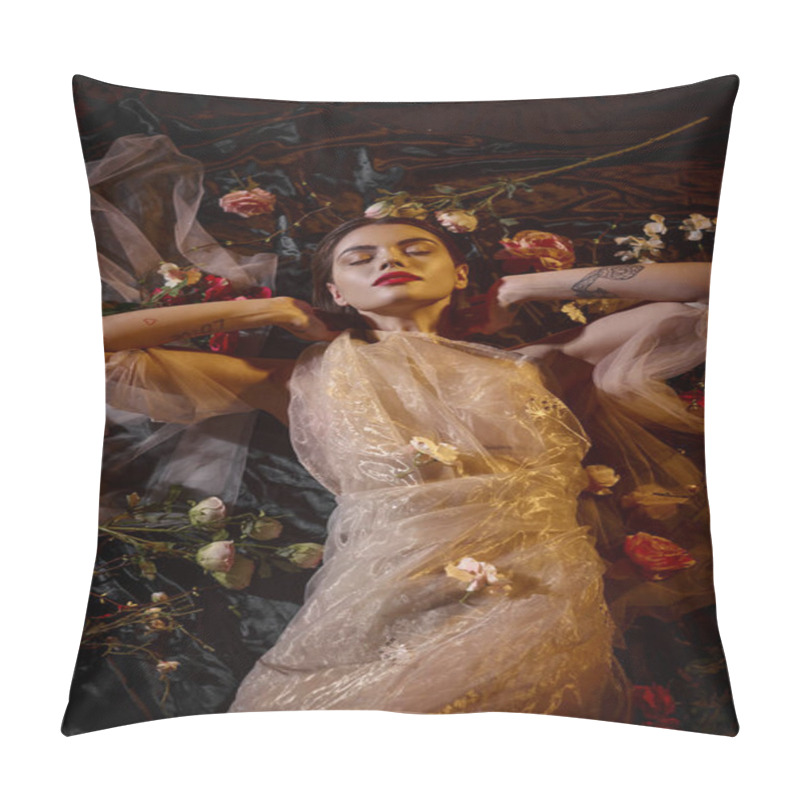 Personality  Feminine Elegance, Sensual Young Woman In Romantic Transparent Dress Lying Among Beautiful Flowers Pillow Covers