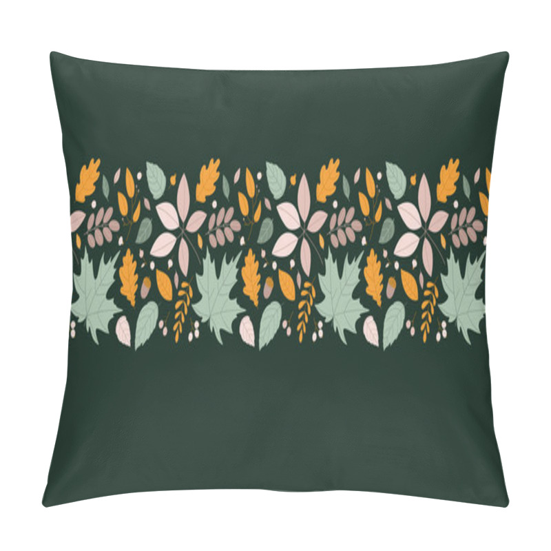 Personality  Seamless Border With A Variety Of Autumn Leaves And Berries. Flat Style, Dark Green Background. Pillow Covers