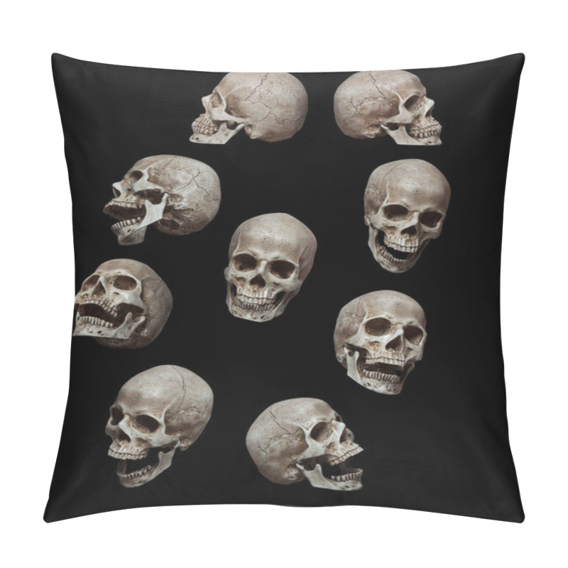 Personality  Nine Old Human Skulls Isolated Over Black Background Pillow Covers