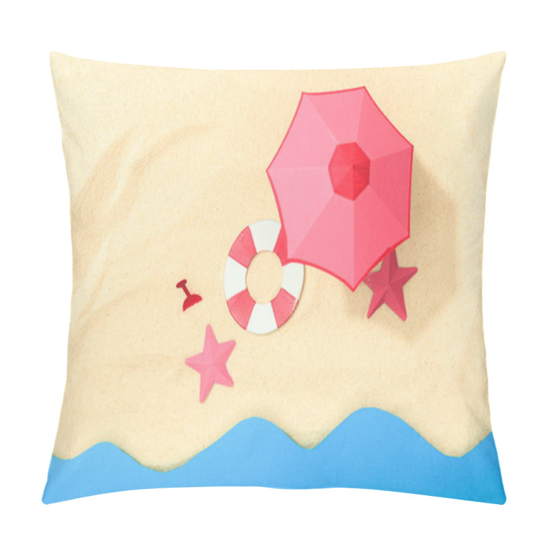 Personality  Top View Of Paper Beach With Lifebuoy, Pink Umbrella And Starfishes On Textured Sand Near Ocean Pillow Covers