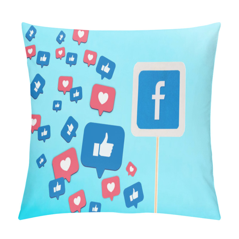 Personality  Card With Facebook Logo And Thumbs Up And Hearts Signs Isolated On Blue Pillow Covers