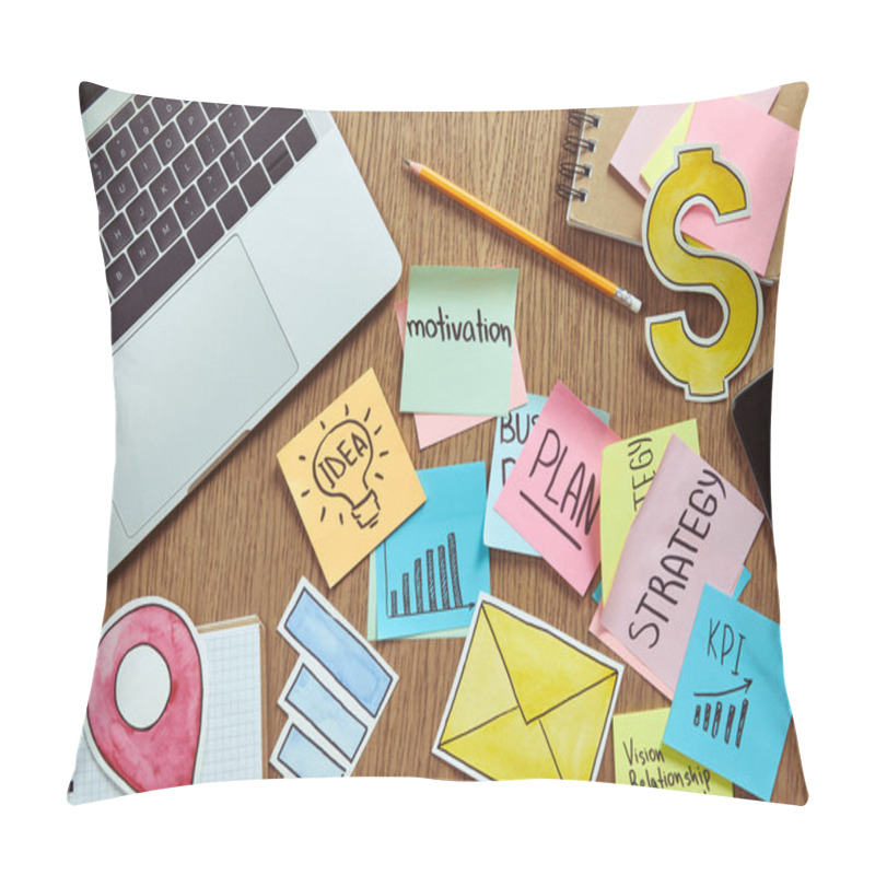 Personality  Top View Of Paper Stickers With Business Strategy And Laptop On Table At Home Pillow Covers