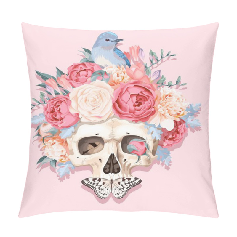 Personality  Vector Illustration With Human Skull And Flowers Pillow Covers