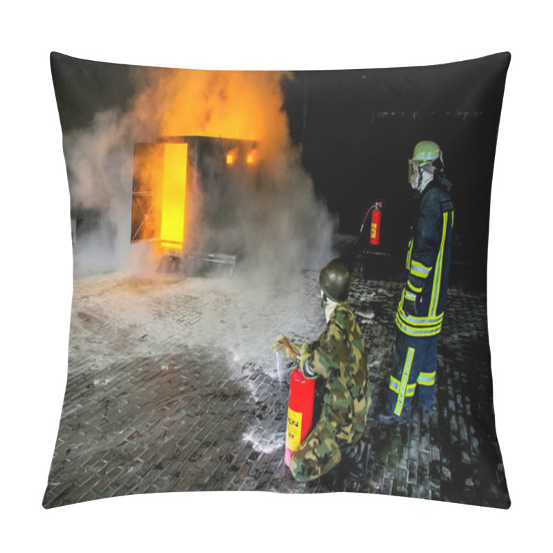 Personality  Firefighters Training For Fire Fighting In Germany. Firefighter In Fire Protection Suit Spraying Water To Fire With Smoke. Firefighter Fighting Fire Attack, During Training Exercise Pillow Covers