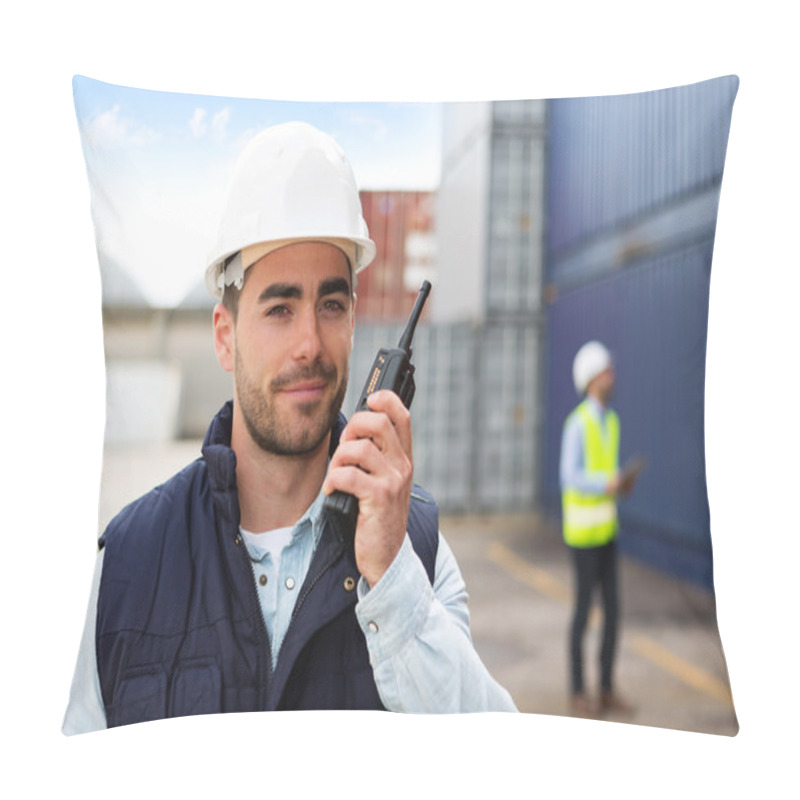 Personality  Young Attractive Docker Using Talkie Walkie At Work Pillow Covers