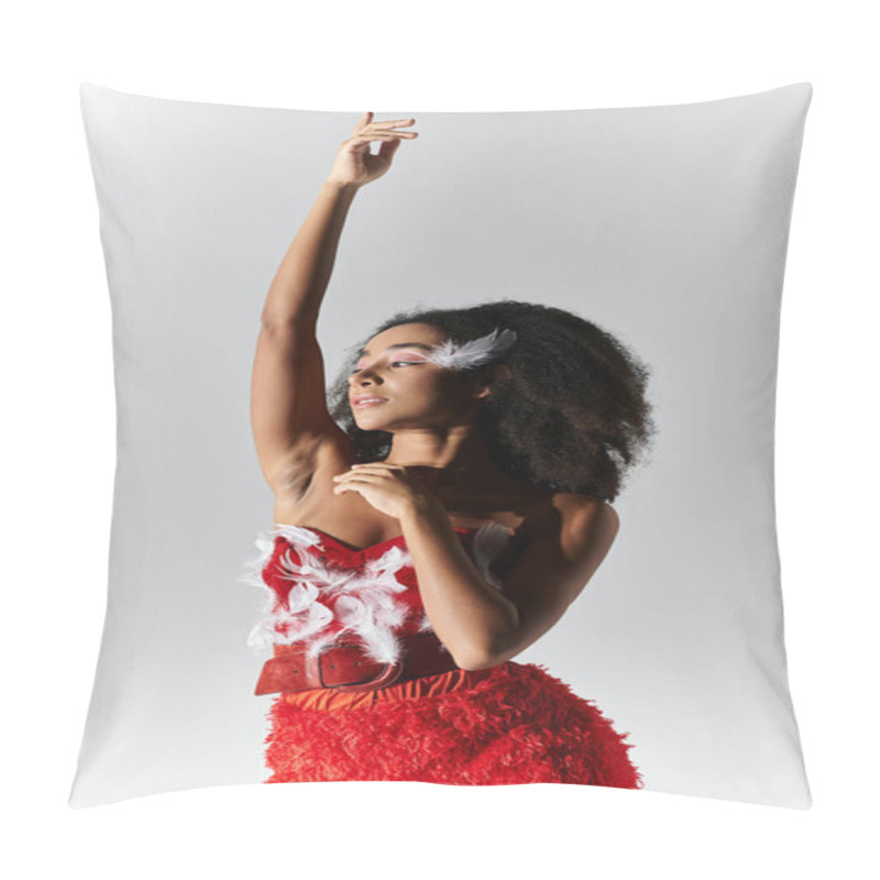 Personality  A Confident Young Woman Showcases Her Style In A Vibrant Red Ensemble Adorned With Feathers. Pillow Covers