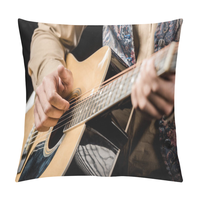 Personality  Cropped Image Of Male Musician Playing On Acoustic Guitar Isolated On Black Pillow Covers