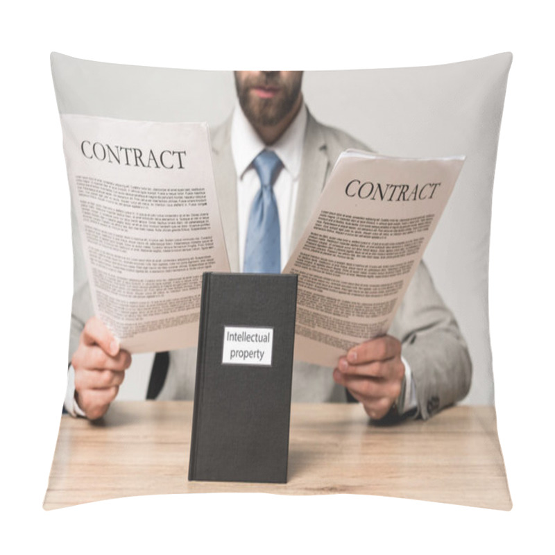 Personality  Cropped View Of Businessman Reading Contracts Near Book With Intellectual Property Title Isolated On Grey Pillow Covers