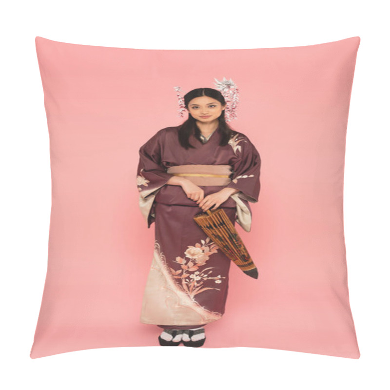 Personality  Japanese Woman With Traditional Hairdo And Kimono Holding Umbrella On Pink Background Pillow Covers