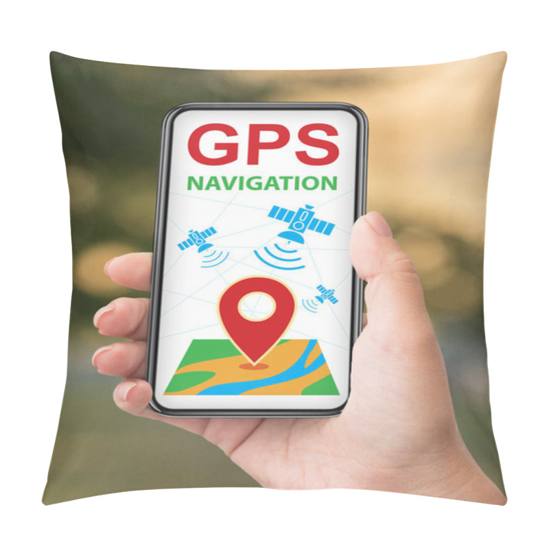 Personality  Gps Navigation. App With Geolocation Tracking System On Smartphone In Female Hand Pillow Covers