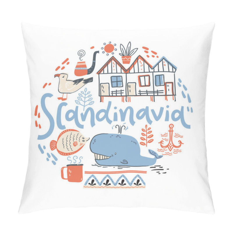 Personality  Scandinavia. Hand Lettering With Design Elements In The Round. Vector  Illustration, Flat Naive Style Pillow Covers