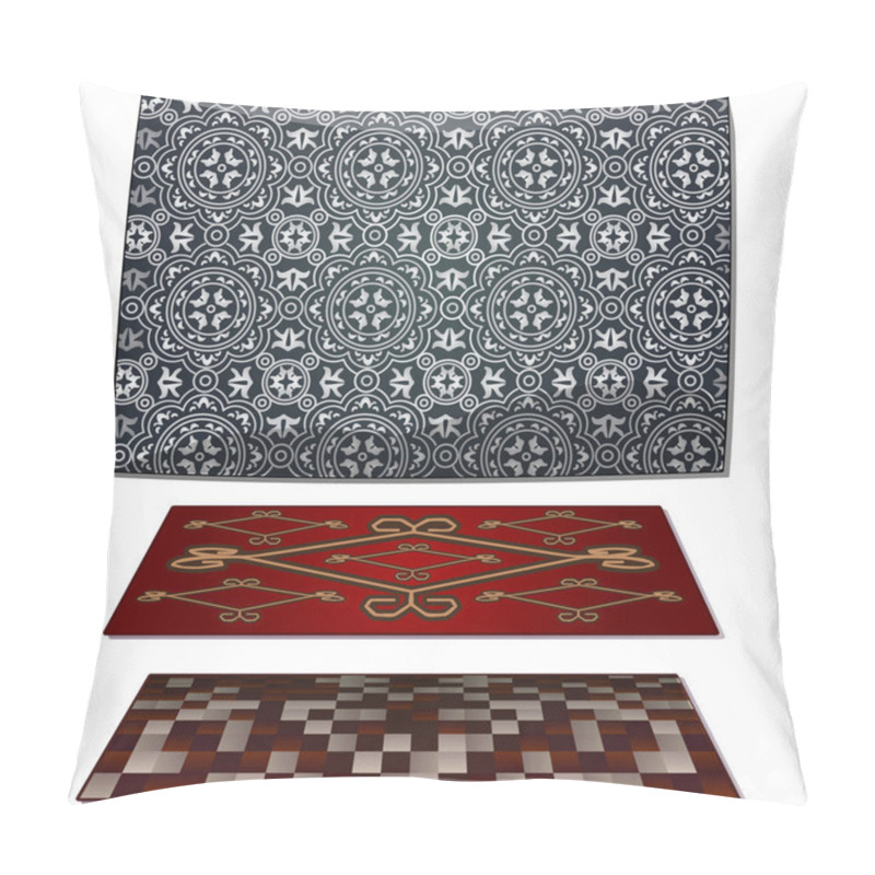 Personality  Set Of Three Carpets, Gray And Red. Home Decorative Elements In Antique Style. Image In Cartoon Style. Vector Illustration Isolated On White Background Pillow Covers