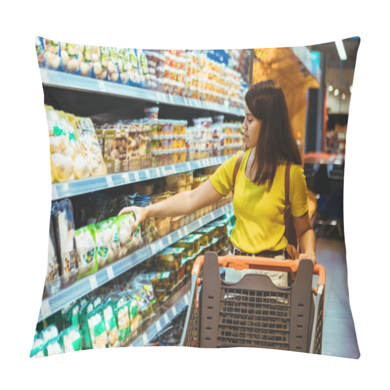 Personality  Young Pretty Adult Woman Do Shopping In Grocery Store Pillow Covers