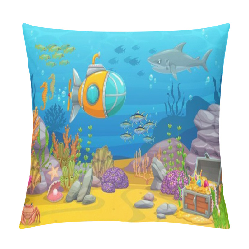 Personality  Underwater Game Landscape With Submarine. Cartoon Vector Sea Bottom With Treasure Chest, Aquatic Plants, Coral Reef, Rocks And Underwater Animals. Ocean World With Bathyscaphe, Fish, Shark And Crab Pillow Covers