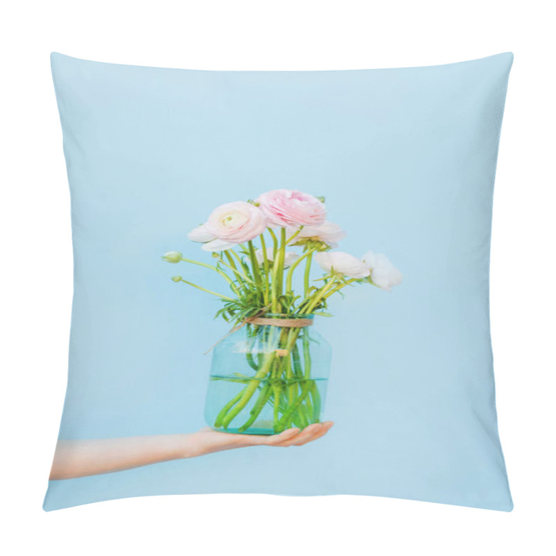 Personality  Flowers To Gift. Beautiful Ranunculus In Female Hands. Spring Time And Inspiration Pillow Covers