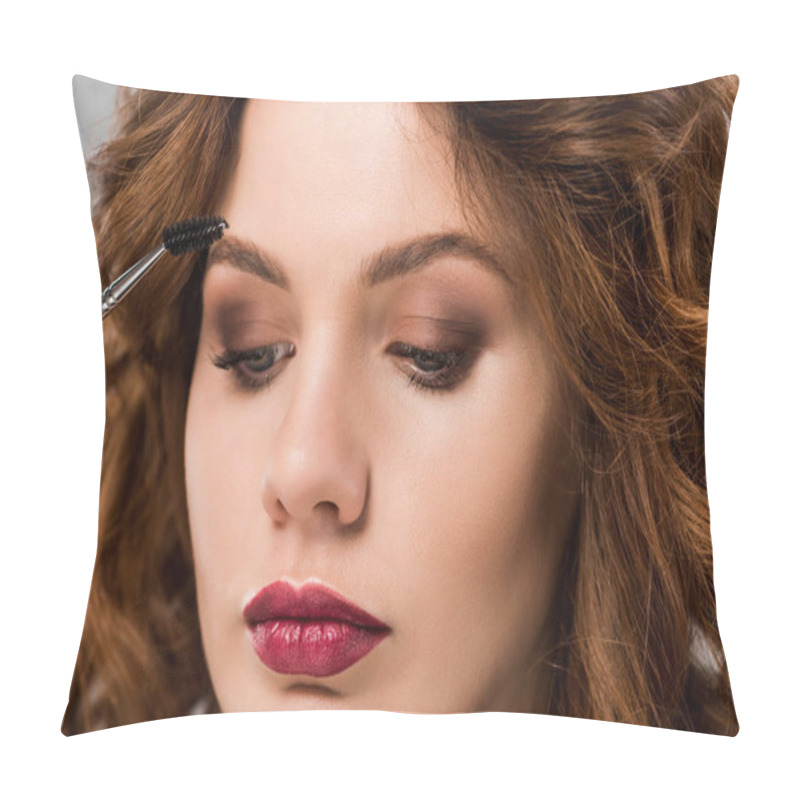 Personality  Close Up Of Woman Styling Eyebrows Isolated On Grey  Pillow Covers