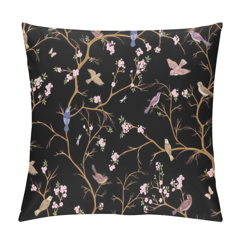 Personality  Cherry Blossom Branches Against The Sky With Sparrow, Finches. Seamless Pattern, Background. Vector Illustration. Chinoiserie, Traditional Oriental Botanical Motif. In Botanical Style Pillow Covers