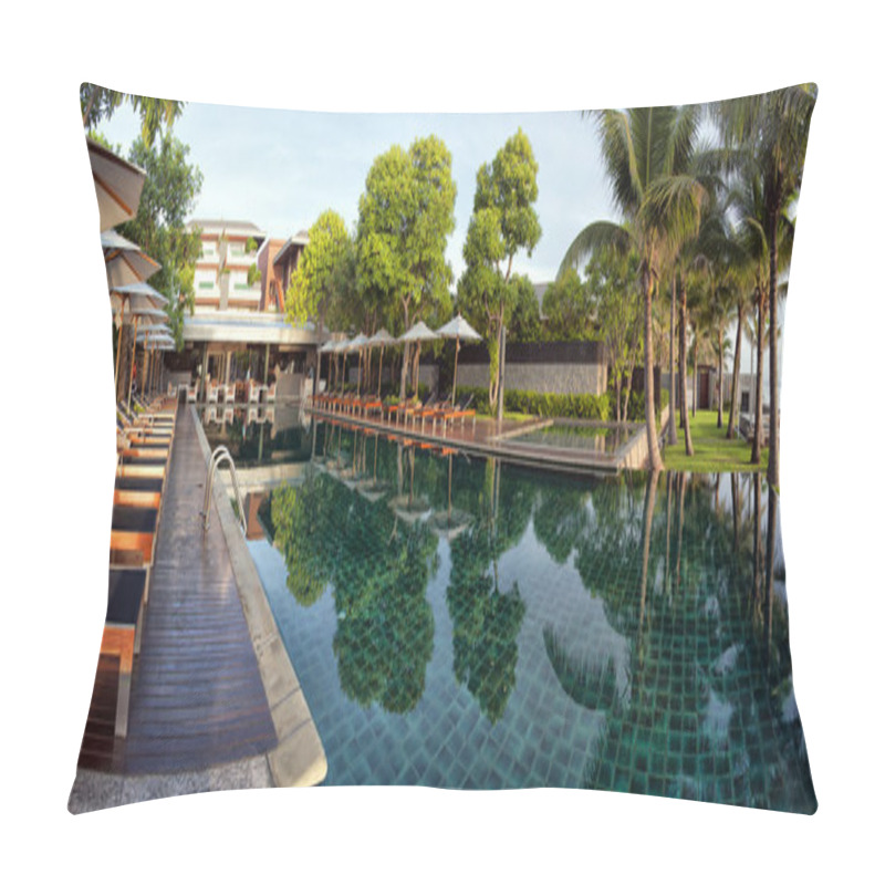 Personality  A Panoramic Image Of A Hotel Infinity Pool In Thailand With Hotel In The Background. Pillow Covers