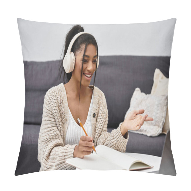 Personality  In A Cozy Living Room, A Young Woman Joyfully Participates In An Online Study Session. Pillow Covers