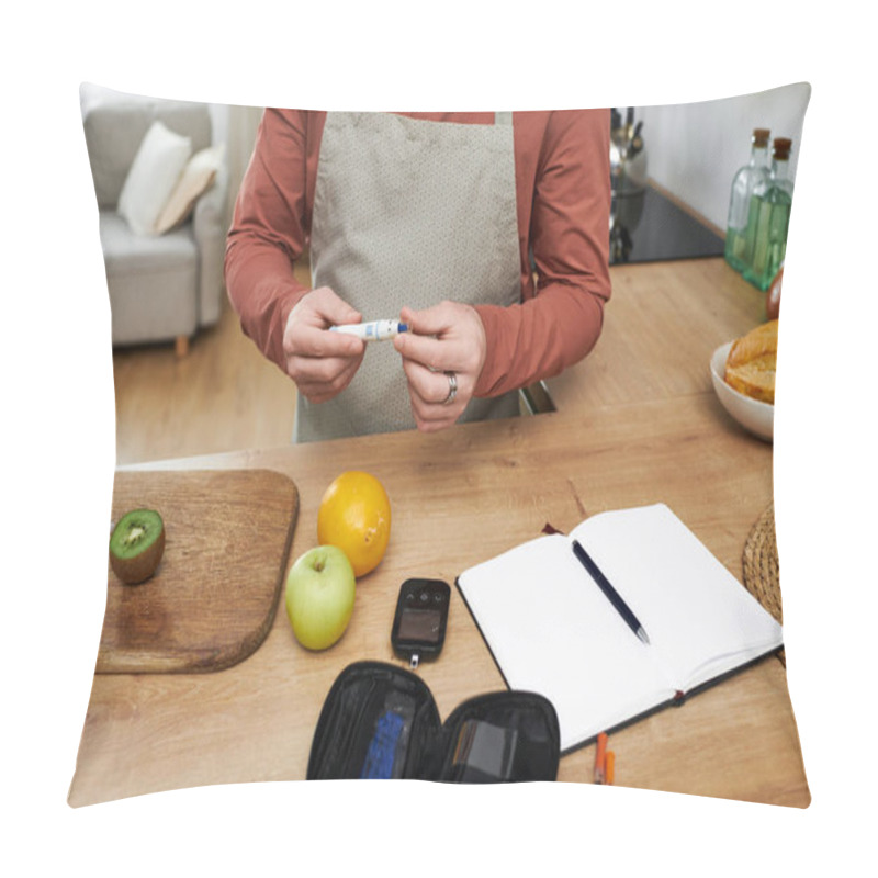 Personality  This Young Man Leads A Healthy Life, Checking His Blood Sugar And Enjoying Fresh Fruit. Pillow Covers