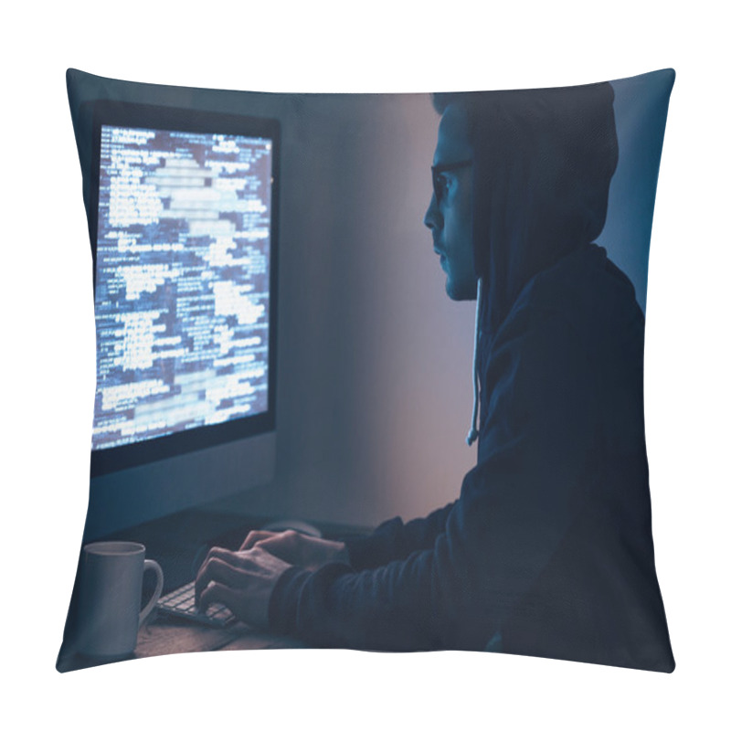 Personality  Man At Computer In Dark Room Pillow Covers