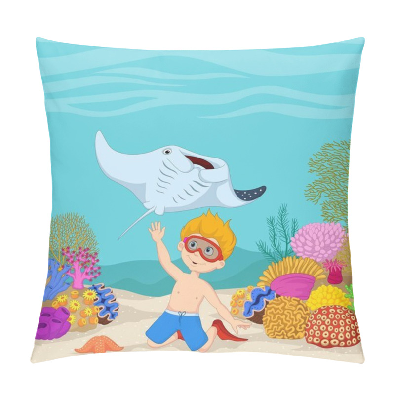 Personality  Cartoon Little Boy Diving In Underwater Tropical Sea Pillow Covers