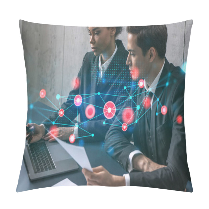 Personality  Two Good Looking Businesspeople Working On Technology Project. Multiexposure. Hologram. Pillow Covers