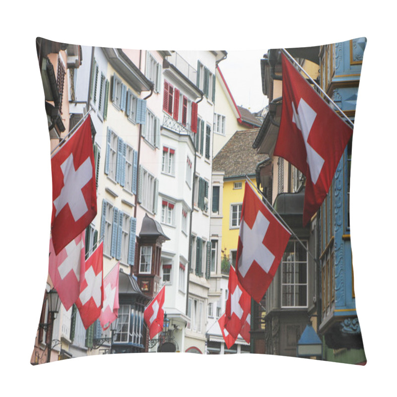 Personality  Old Street In Zurich Decorated With Flags For The Swiss Nationa Pillow Covers