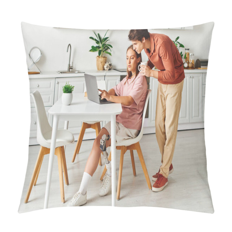 Personality  Woman With Prosthetic Leg At Table With Standing Boyfriend. Pillow Covers