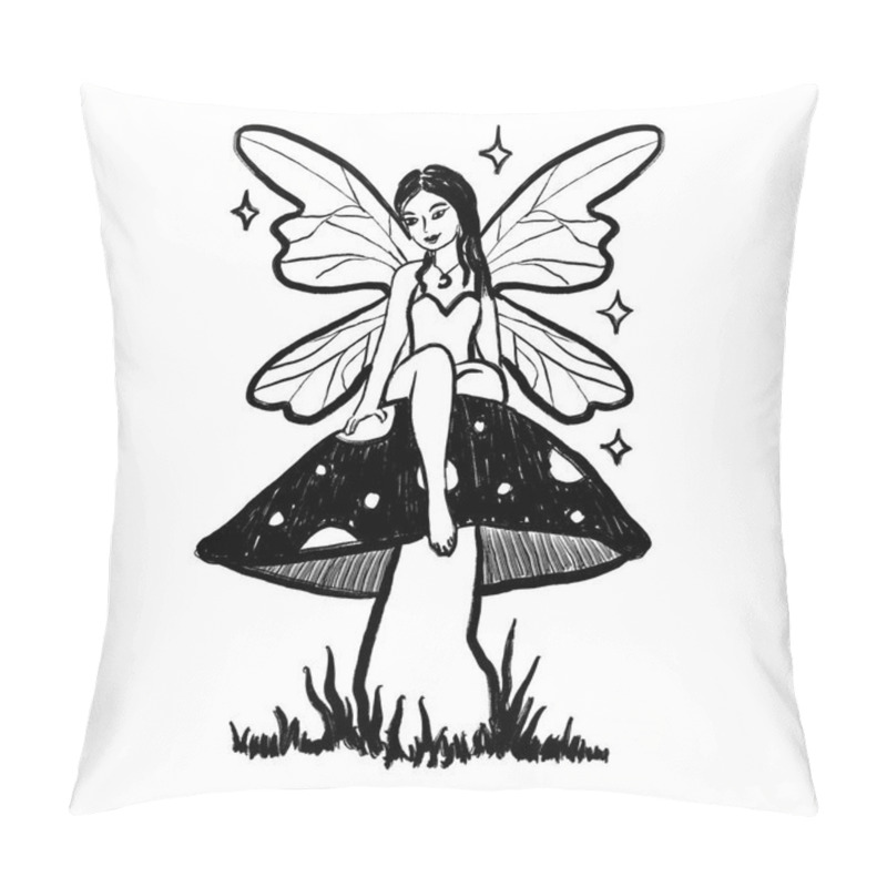 Personality  Cute Fairy Sitting On Mushroom, White Glitter Wings, Folklore Character Elf, Fairytale Amanita Poisonous Magic Fungi. Black White Monocrome Ink Sketch Illustration, Minimalist Drawing With Simple Pillow Covers