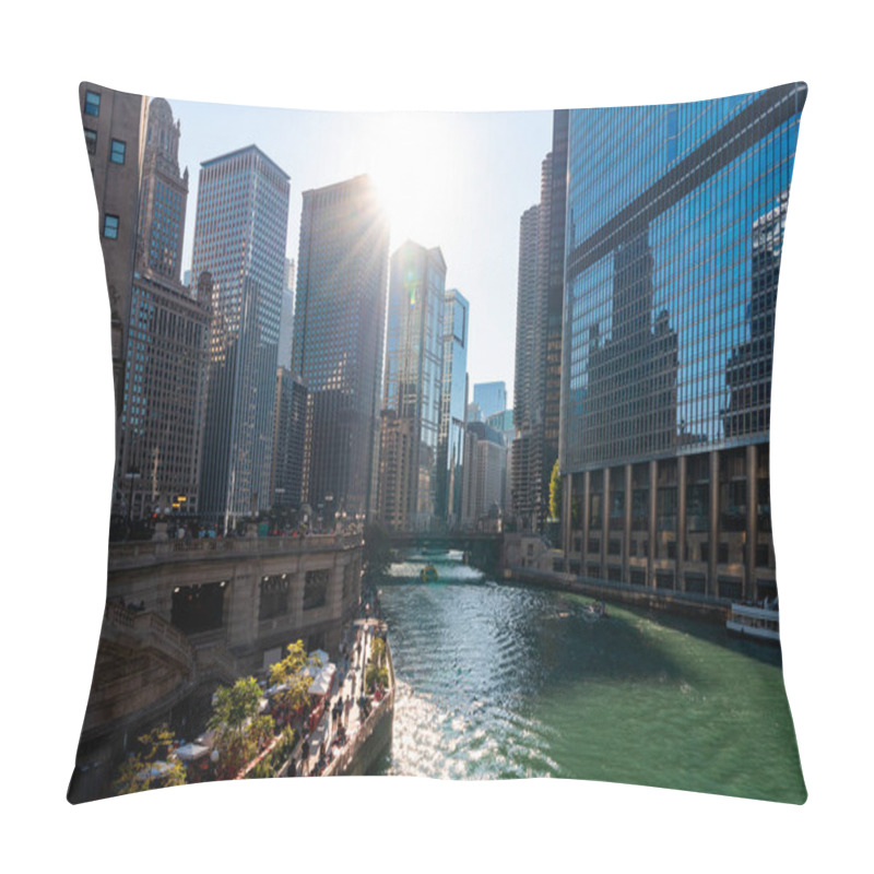 Personality  Chicago Downtown District With Office Buildings And River Embankment, Business Skyscrapers And City Architecture On A Sunny Day. Illinois, USA, North America Pillow Covers