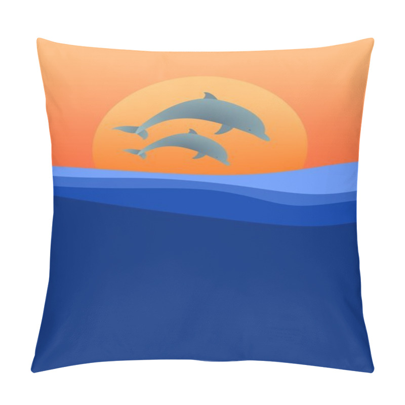 Personality  Two Dolphins Leaping Above The Waves Of Sea Level At Sunset With The Setting Orange Sun In Background And Orange Sky Pillow Covers