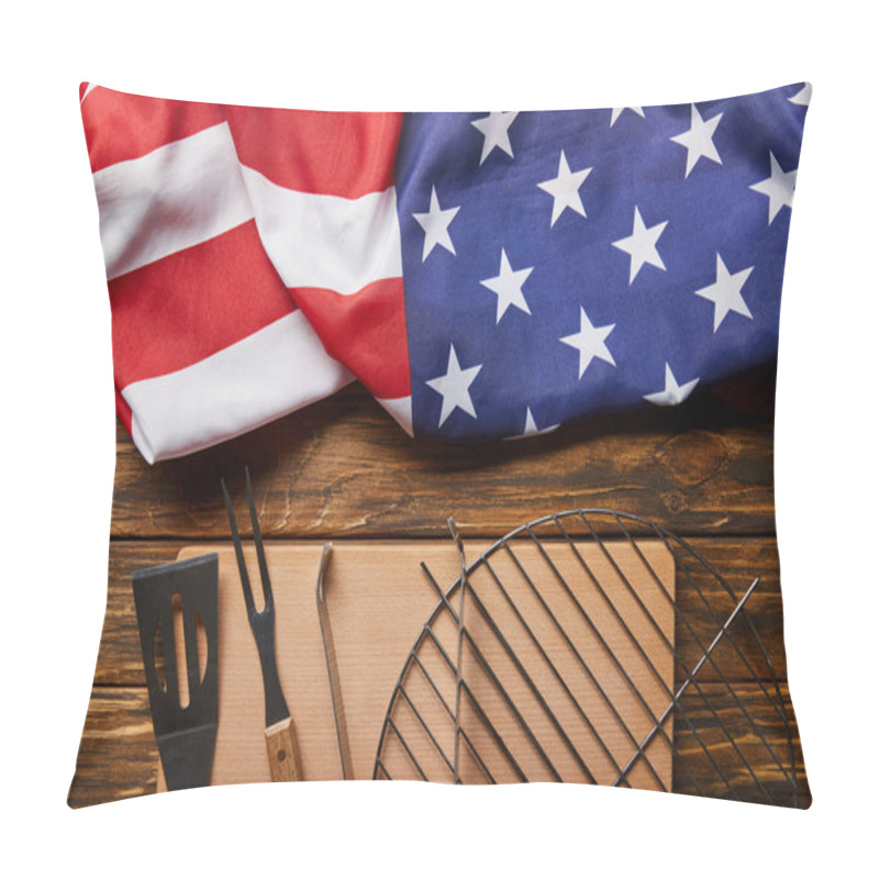 Personality  Top View Of Crumpled American Flag And Bbq Equipment On Wooden Rustic Table Pillow Covers