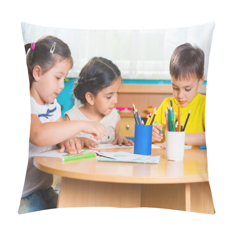 Personality  Group Of Cute Little Prescool Kids Drawing Pillow Covers