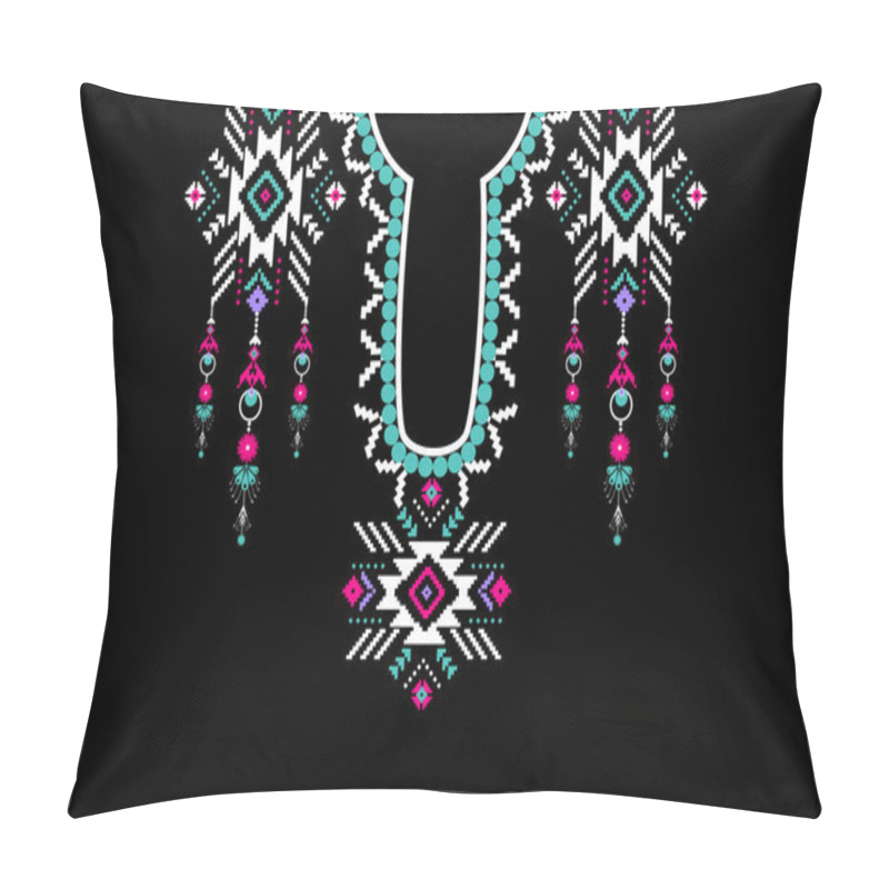 Personality  Beautiful Figure Tribal African Floral Necklace Pattern Traditional On Black Background.Aztec Style Embroidery Abstract Vector Illustration.design For Texture,fabric,clothing,fashion Women Wearing. Pillow Covers