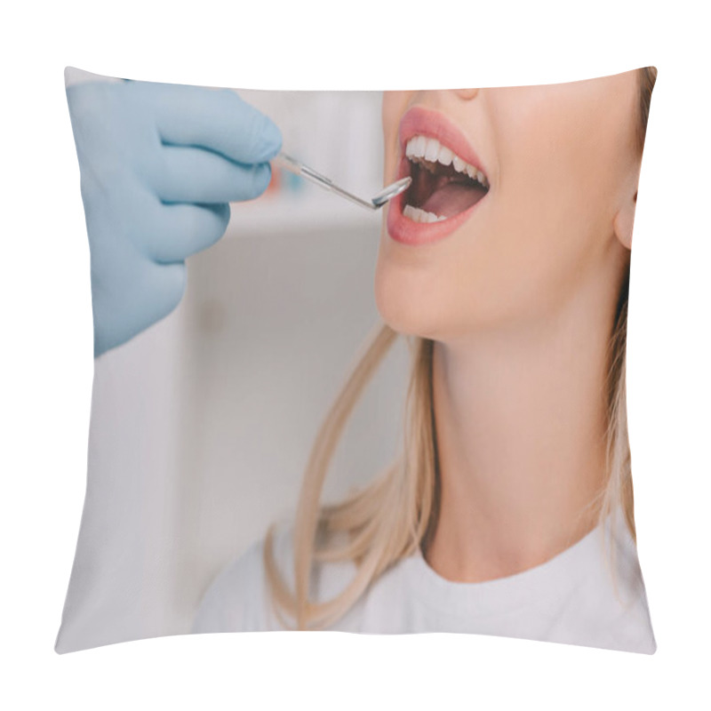 Personality  Partial View Of Dentist Examining Teeth Of Young Woman With Mouth Mirror Pillow Covers