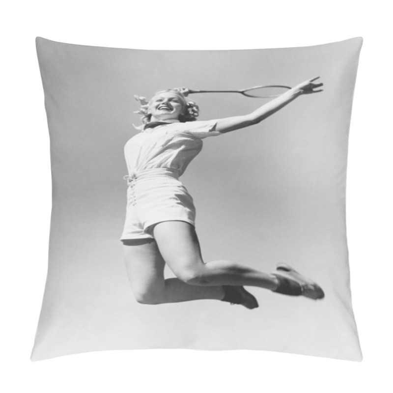 Personality  Woman Jumping Into The Air With A Tennis Racket In Her Hand Pillow Covers