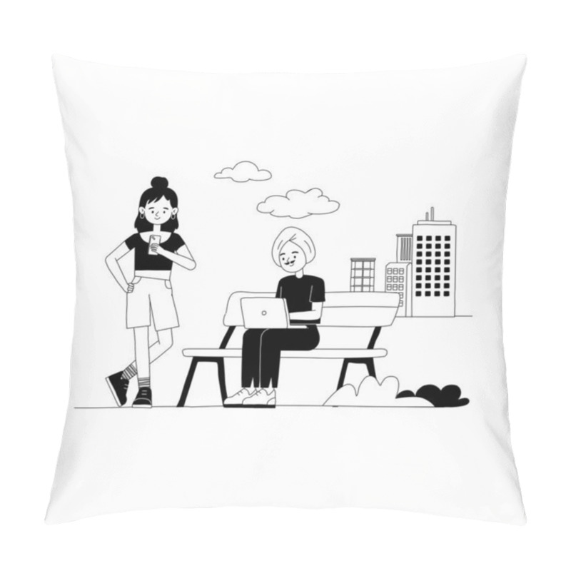 Personality  Two Female Characters In An Urban Park Scene, One Using A Laptop, The Other Standing Nearby With A Drink. Symbolizes Remote Work, Digital Nomads, And Outdoor Collaboration. Flat Vector Style Pillow Covers