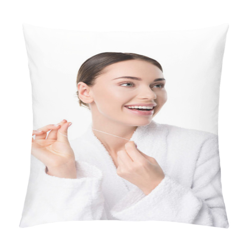 Personality  Cheerful Woman In White Bathrobe With Dental Floss Isolated On White Pillow Covers